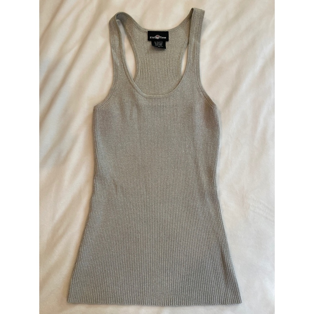 It's Our Time Silver Metallic Ribbed Racerback Tank Top Medium
